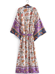 Beachwear Floral Print Purple Color Cotton Long Length Gown Kimono Duster Robe