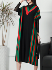Vestido midi de punto con mangas largas de murciélago y rayas elegante de verano