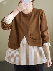 Spring Striped Splicing Fake Two Piece Plus-Size Sweater Top