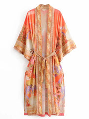 Kimono de fiesta floral de algodón y seda color naranja, bata larga de algodón, kimono
