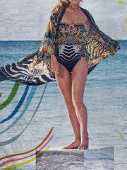 Bedruckter schwarzer Polyester-Kimono-Staubmantel in langer Länge