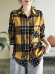 Frühling Langarm Stilvolles Revers Plaid Lose Casual Shirt Kleid