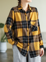 Frühling Langarm Stilvolles Revers Plaid Lose Casual Shirt Kleid