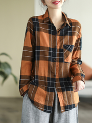 Frühling Langarm Stilvolles Revers Plaid Lose Casual Shirt Kleid