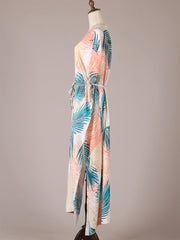 Bata tipo kimono de algodón color beige con estampado de hojas para fiesta de picnic