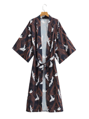 Kimono largo de poliéster con estampado de grullas y pájaros en diferentes colores