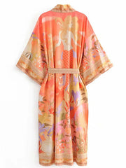Kimono de fiesta floral de algodón y seda color naranja, bata larga de algodón, kimono