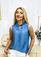 Pleated Shoulder Ruffle Neck Blouse