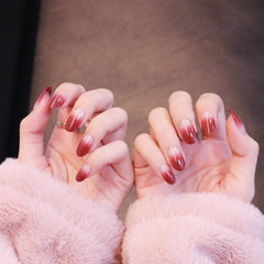 Mittelgroße, abgerundete kirschrote Ombre-Press-On-Nägel