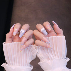 Uñas postizas largas cuadradas rosas y moradas con lazo