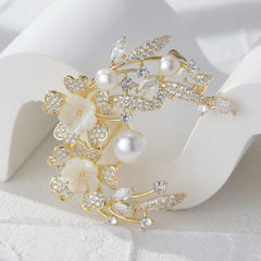 Floral Half Moon Brooch with Crystals and Pearls
