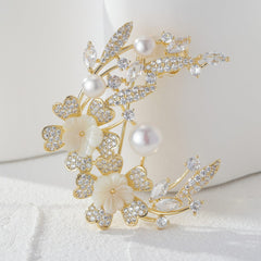Floral Half Moon Brooch with Crystals and Pearls