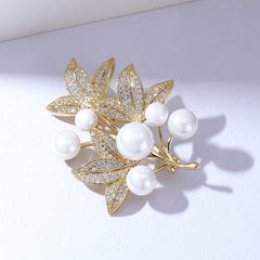 Fall Leaves Brooch with Pearls and Clear Crystals