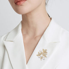 Fall Leaves Brooch with Pearls and Clear Crystals