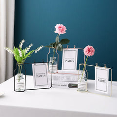 Jarrón de hierro con tubo de ensayo de vidrio y pinza