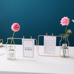 Jarrón de hierro con tubo de ensayo de vidrio y pinza