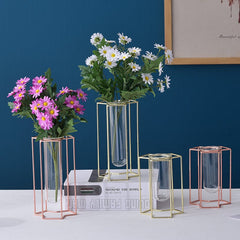 Jarrón de flores de hierro con diseño de tubo de ensayo de vidrio