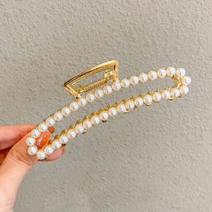 Gold Metal Geometric Open Hair Claw with Crystals & Pearls