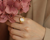 White Oval Iridescent Shell Gold Ring