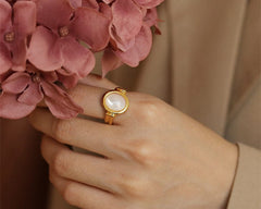 White Oval Iridescent Shell Gold Ring