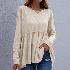 Waffle Knit Ruffle Long Sleeve Top