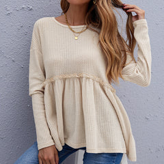 Waffle Knit Ruffle Long Sleeve Top