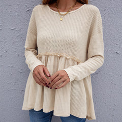 Waffle Knit Ruffle Long Sleeve Top