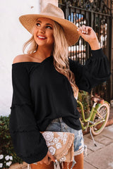 Waffle Knit Ruffle Lantern Long Sleeve