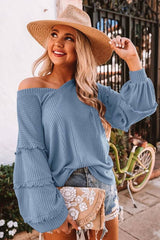 Waffle Knit Ruffle Lantern Long Sleeve