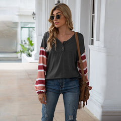 Henley Striped Long Sleeve Top