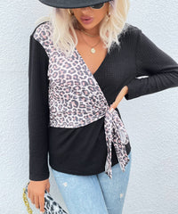Two Tone Surplice Neck Sweater Leopard Print