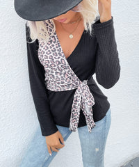Two Tone Surplice Neck Sweater Leopard Print