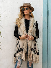 Faux Fur Trim Printed Vest