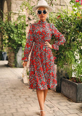 Langarm-Vintage-Kleid mit Blumenmuster