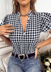 Bluse mit Vichy-Karomuster und Rüschenärmeln