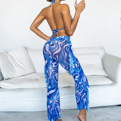 Halter Triangle String Bikini Set & Ruffled Pants