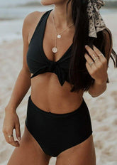 Neckholder-Bikini-Set mit U-Ausschnitt, Schnürung vorne, offenem Rücken und hoher Taille