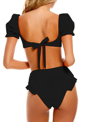Bikini-Set mit Puffärmeln, Herzausschnitt und Rüschen und hohem Bund