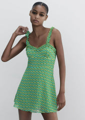 Green Floral Ruffled Strap Mini Dress