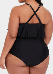 Conjunto de bikini de talle alto con volantes y tirantes finos Plus