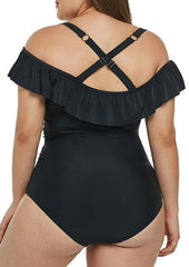 Traje de baño de una pieza con volantes y hombros descubiertos con escote en forma de corazón