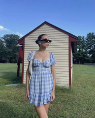 Gingham Puff Sleeve Open Back Mini Dress