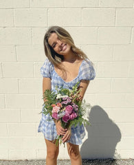 Gingham Puff Sleeve Open Back Mini Dress