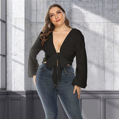 Plunge Neck Tie Front Blouse