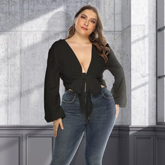 Plunge Neck Tie Front Blouse