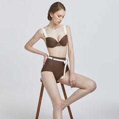 Contrast Lined High Rise Ribbon Belt Bikini Set