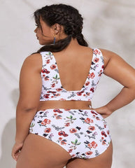 Plus Bikini-Set mit tiefem Ausschnitt vorne, Schleife zum Binden, offenem Rücken und hohem Bund