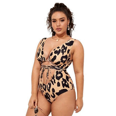 Plus Animal Print Plunge Open Back Waist Cut Out Tying One-Piece