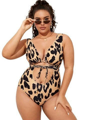 Plus Animal Print Plunge Open Back Waist Cut Out Tying One-Piece