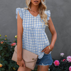 Gingham Print Keyhole Back Blouse